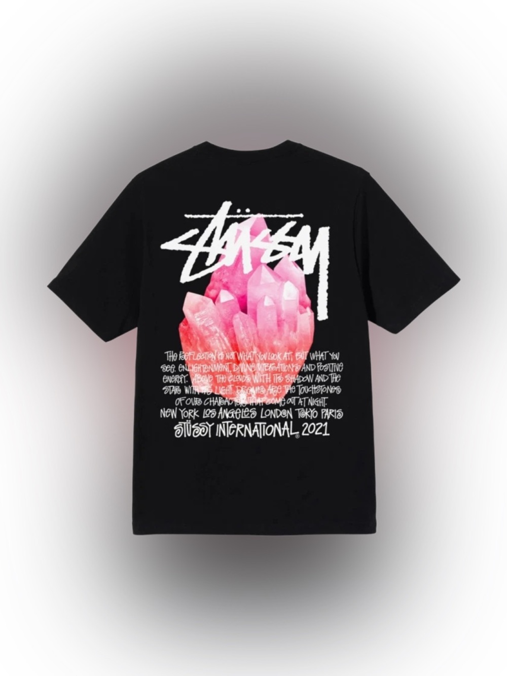 🆕 NWOT Stussy | Black Tee with Pink Crystal Graphic and brand logo on back